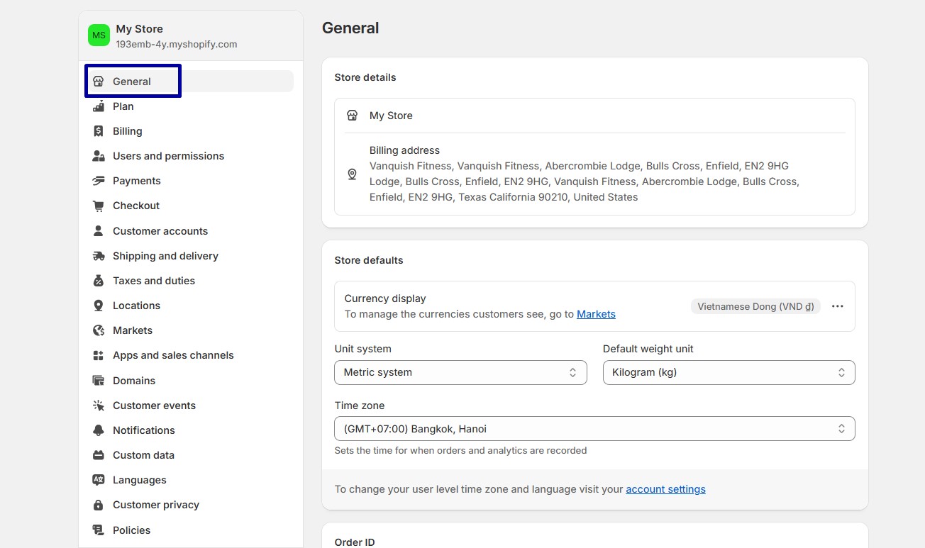 Go to Settings > General to add your store name, contact email, and legal address